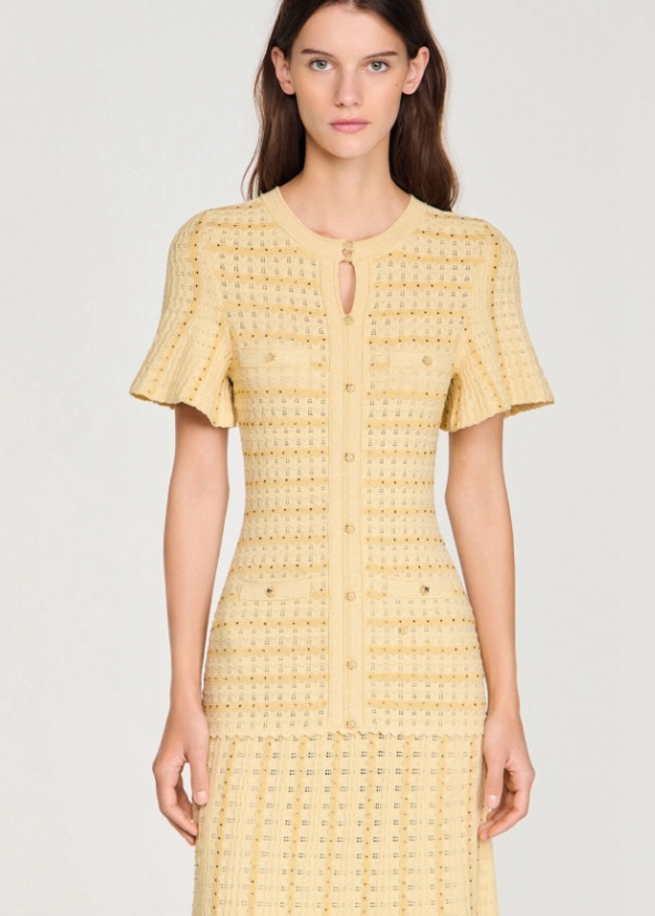 🟡Sandro Yellow Textured Knit Midi Dress Button Front Faux Pockets - Picture 6 of 12